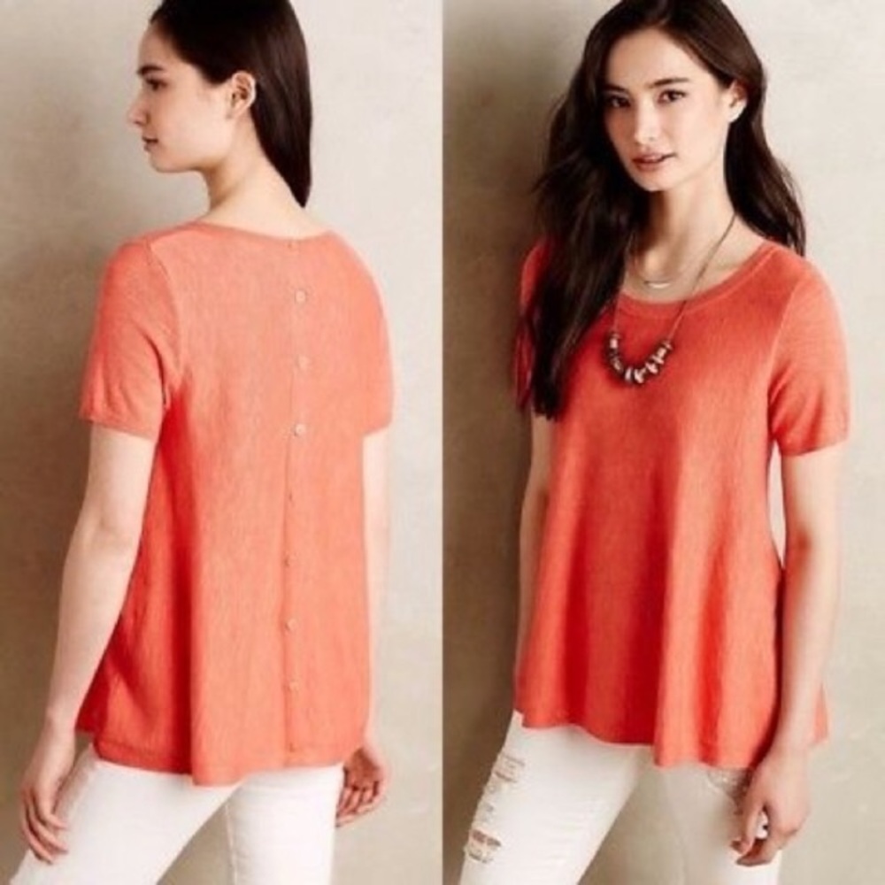 Anthropologie Moth Orange soft knit button back detail short sleeve top